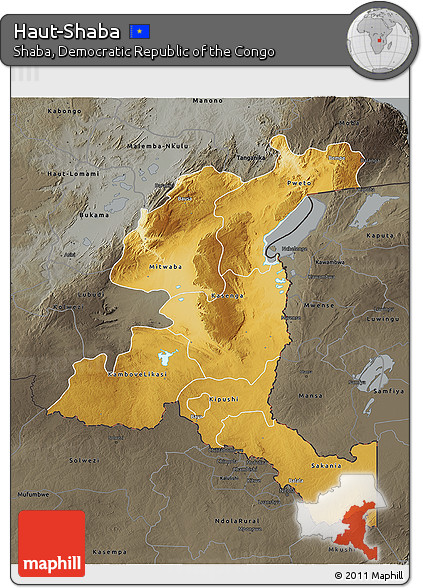 Physical 3D Map of Haut-Shaba, darken, semi-desaturated