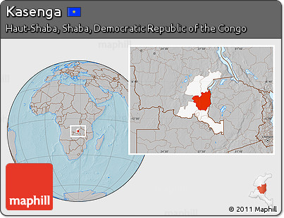 Gray Location Map of Kasenga, highlighted parent region, hill shading