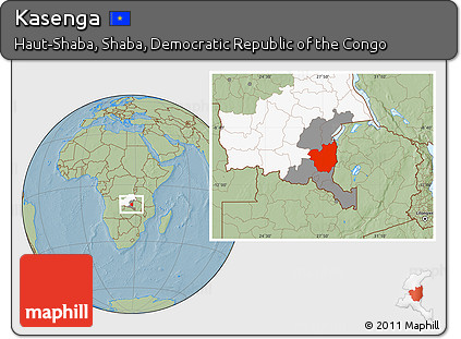 Savanna Style Location Map of Kasenga, highlighted parent region, highlighted grandparent region, hill shading
