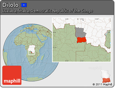 Savanna Style Location Map of Dilolo, highlighted country, highlighted parent region, hill shading