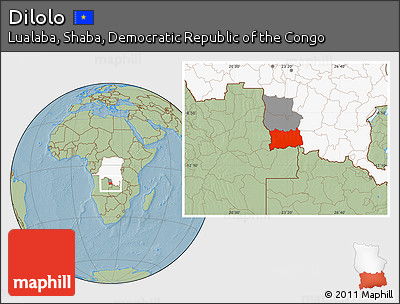 Savanna Style Location Map of Dilolo, highlighted country, highlighted parent region, hill shading