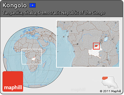 Gray Location Map of Kongolo, highlighted grandparent region, within the entire country, hill shading