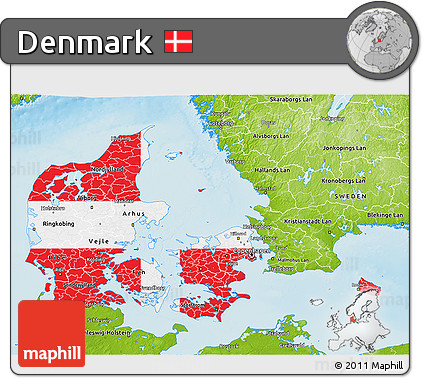 Flag 3D Map of Denmark, physical outside, flag centered
