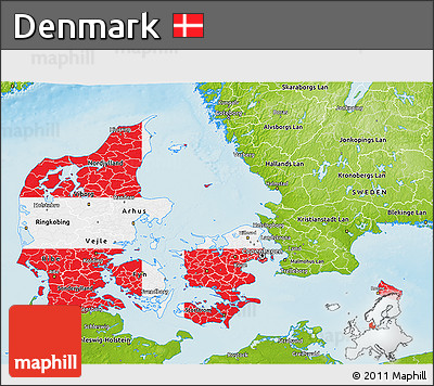 Flag 3D Map of Denmark, physical outside, flag centered