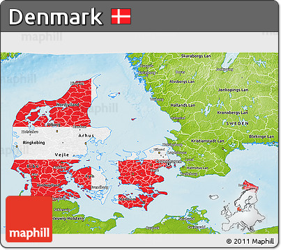 Flag 3D Map of Denmark, physical outside, flag centered