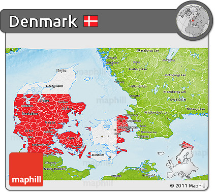 Flag 3D Map of Denmark, physical outside, flag aligned to the middle