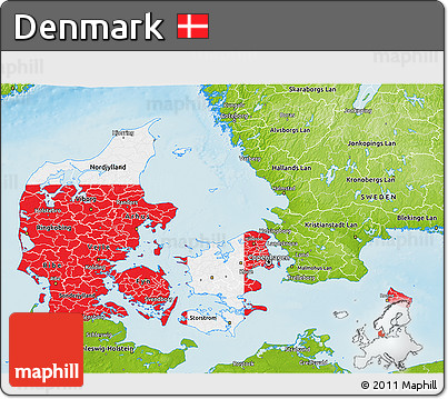 Flag 3D Map of Denmark, physical outside, flag aligned to the middle