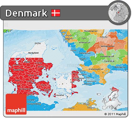 Flag 3D Map of Denmark, political outside, flag aligned to the middle