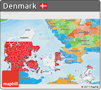 Flag 3D Map of Denmark, political outside, flag aligned to the middle