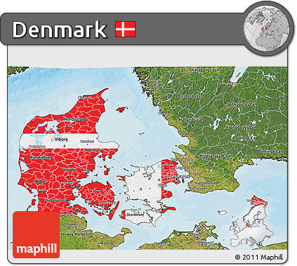 Flag 3D Map of Denmark, satellite outside, bathymetry sea, flag rotated