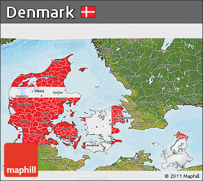 Flag 3D Map of Denmark, satellite outside, bathymetry sea, flag rotated