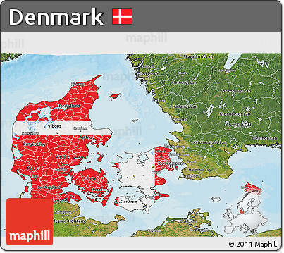 Flag 3D Map of Denmark, satellite outside, bathymetry sea, flag rotated