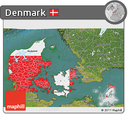 Flag 3D Map of Denmark, satellite outside, flag aligned to the middle