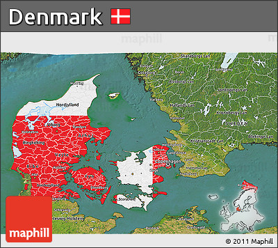 Flag 3D Map of Denmark, satellite outside, flag aligned to the middle