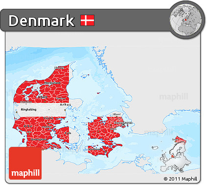 Flag 3D Map of Denmark, single color outside, bathymetry sea
