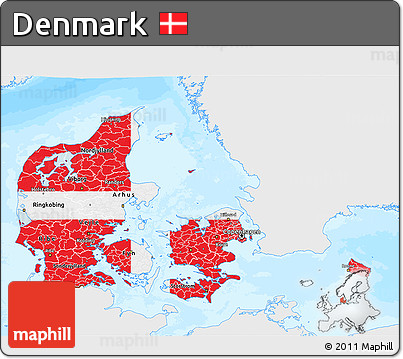 Flag 3D Map of Denmark, single color outside, bathymetry sea