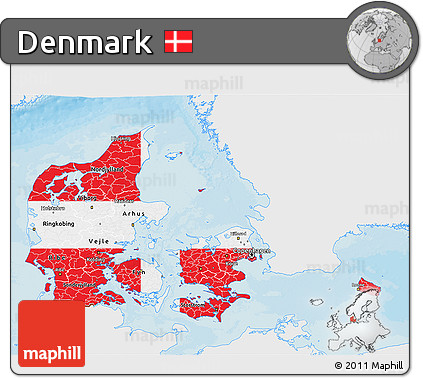 Flag 3D Map of Denmark, single color outside, bathymetry sea, shaded relief sea, flag centered