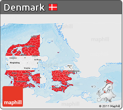Flag 3D Map of Denmark, single color outside, bathymetry sea, shaded relief sea, flag centered