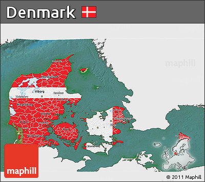 Flag 3D Map of Denmark, single color outside, satellite sea, flag rotated