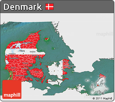 Flag 3D Map of Denmark, single color outside, satellite sea, flag rotated