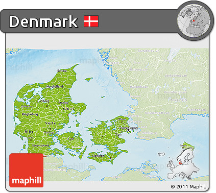 Physical 3D Map of Denmark, lighten, land only