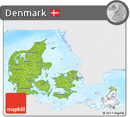 Physical 3D Map of Denmark, single color outside, bathymetry sea