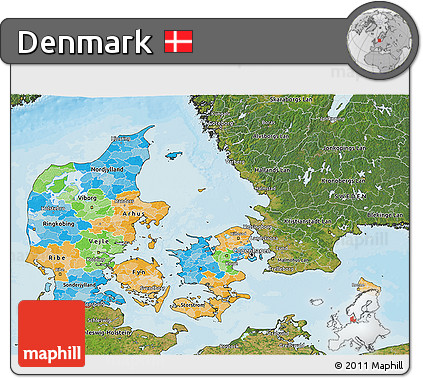 Political 3D Map of Denmark, satellite outside, bathymetry sea