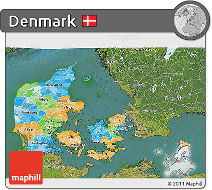 Political 3D Map of Denmark, satellite outside