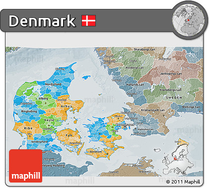 Political 3D Map of Denmark, semi-desaturated