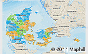 Political 3D Map of Denmark, shaded relief outside, bathymetry sea