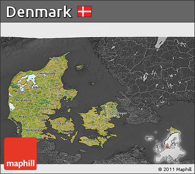 Satellite 3D Map of Denmark, darken, desaturated