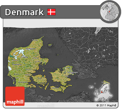 Satellite 3D Map of Denmark, darken, desaturated