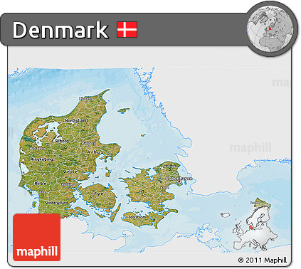 Satellite 3D Map of Denmark, single color outside, bathymetry sea, shaded relief sea