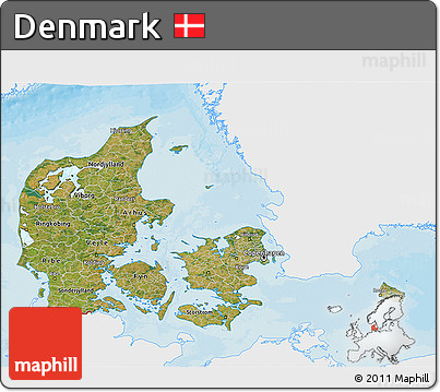 Satellite 3D Map of Denmark, single color outside, bathymetry sea, shaded relief sea
