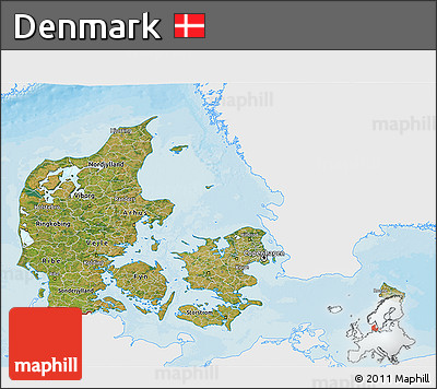 Satellite 3D Map of Denmark, single color outside, bathymetry sea, shaded relief sea