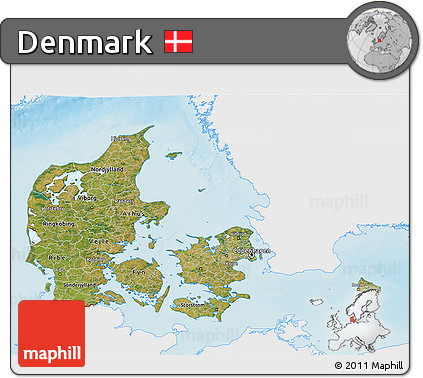 Satellite 3D Map of Denmark, single color outside, shaded relief sea