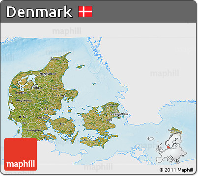 Satellite 3D Map of Denmark, single color outside, shaded relief sea