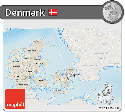 Shaded Relief 3D Map of Denmark, lighten, land only
