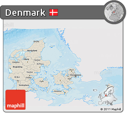 Shaded Relief 3D Map of Denmark, single color outside, bathymetry sea, shaded relief sea