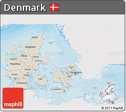 Shaded Relief 3D Map of Denmark, single color outside, bathymetry sea, shaded relief sea