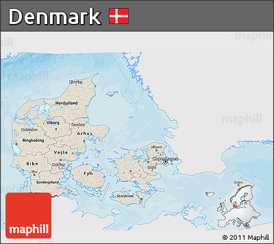 Shaded Relief 3D Map of Denmark, single color outside, bathymetry sea, shaded relief sea