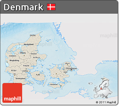 Shaded Relief 3D Map of Denmark, single color outside