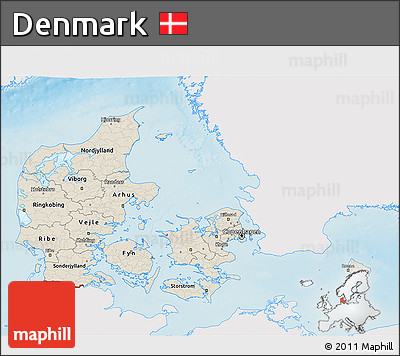 Shaded Relief 3D Map of Denmark, single color outside