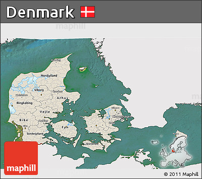 Shaded Relief 3D Map of Denmark, single color outside, satellite sea