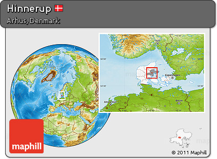 Physical Location Map of Hinnerup, highlighted country, highlighted parent region