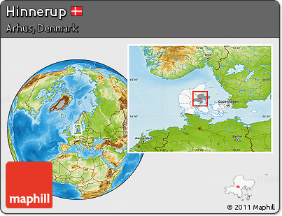Physical Location Map of Hinnerup, highlighted country, highlighted parent region