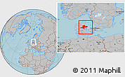 Gray Location Map of Arhus, within the entire country, hill shading