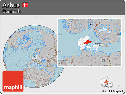 Gray Location Map of Arhus, highlighted country, hill shading