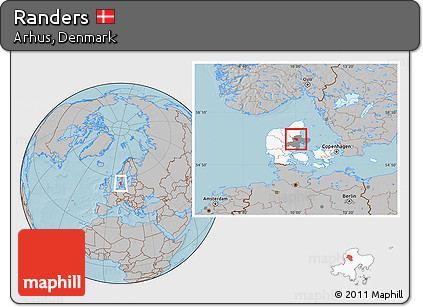 Gray Location Map of Randers, highlighted country, highlighted parent region, hill shading