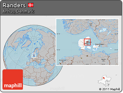 Gray Location Map of Randers, highlighted country, highlighted parent region, hill shading